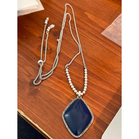 Lucky Brand Silver Tone Necklace Blue Agate Pendant Slide Adj Boho Marcasite - Picture 7 of 7